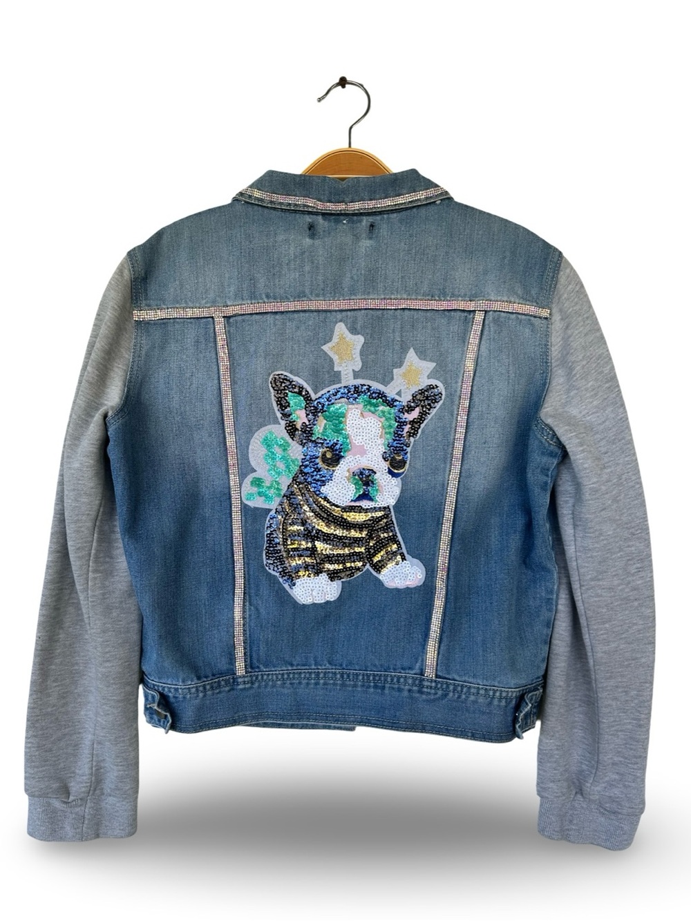 Forever 21 Blue Denim Jacket with Gray Sweatshirt Sleeves and Sequin Puppy